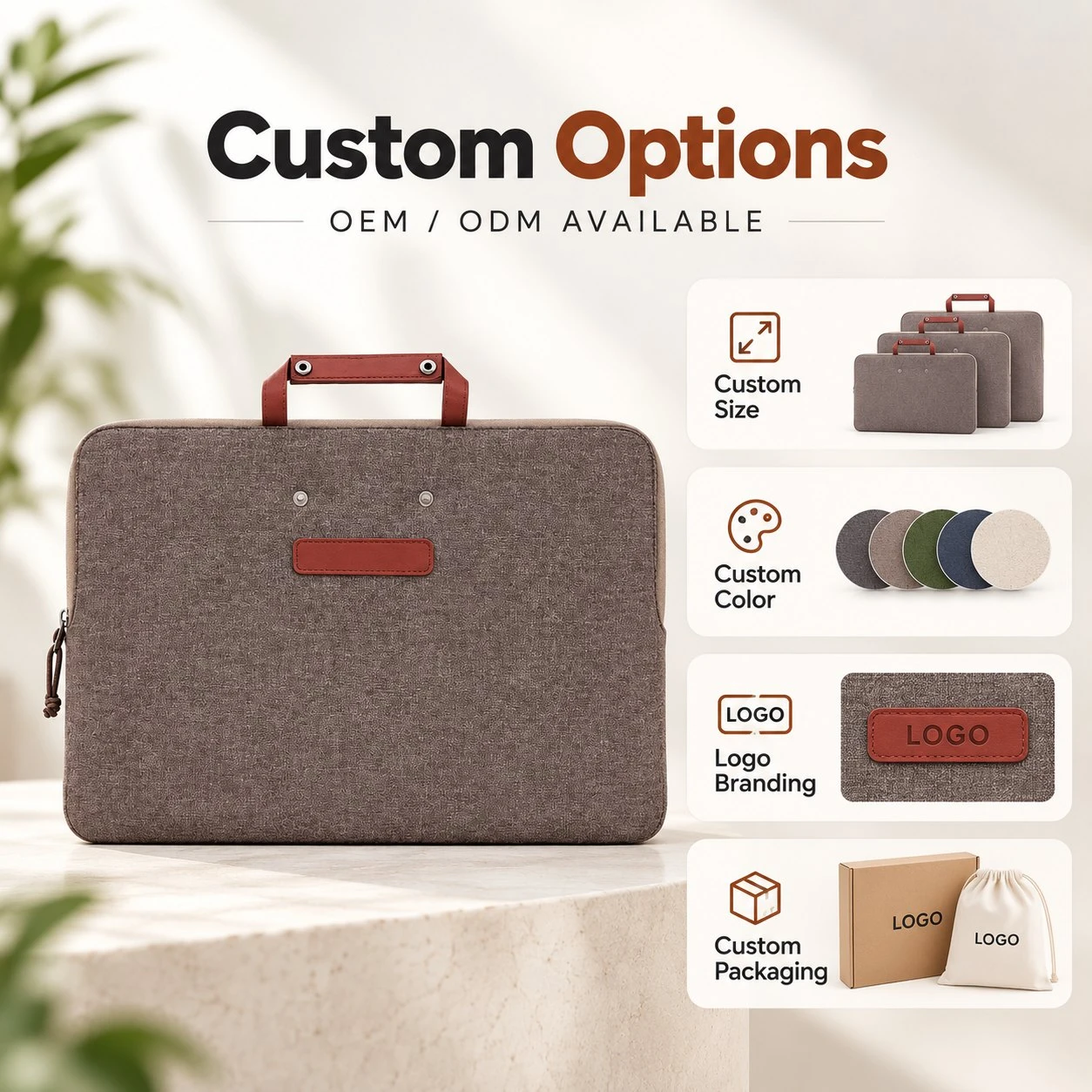 1. Custom laptop sleeve with handle showing OEM ODM size, color, logo branding and packaging options 1. Custom laptop sleeve with handle showing OEM ODM size, color, logo branding and packaging options